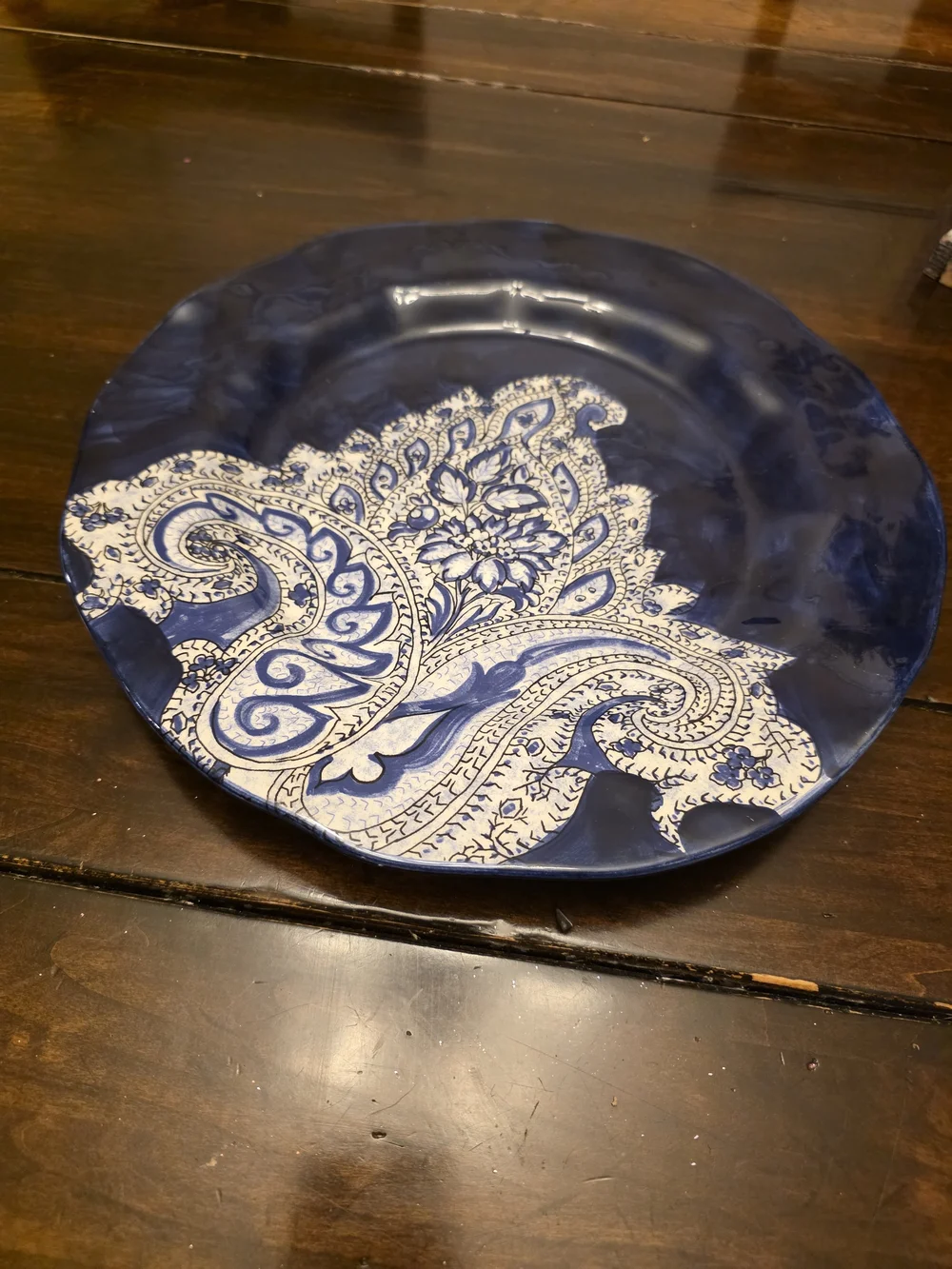 Hand Painted In Italy Blue & White Paisley Ceramic Round 12 in Dinner Plate